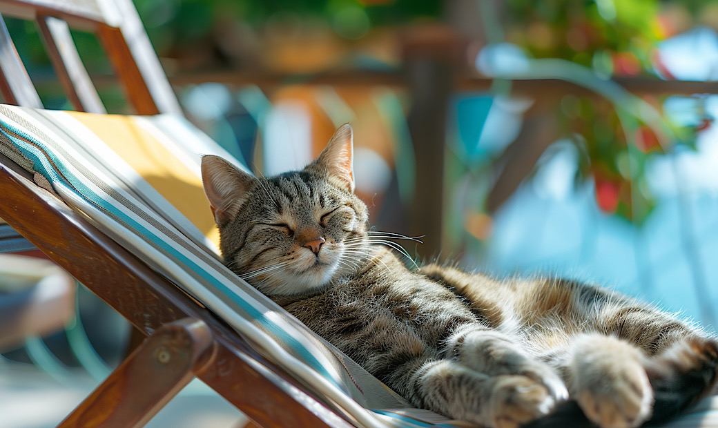 cat on vacation relaxing on lounge chair