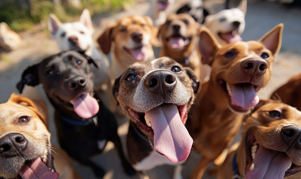 A lively gathering of dogs showcasing their joyful personalities